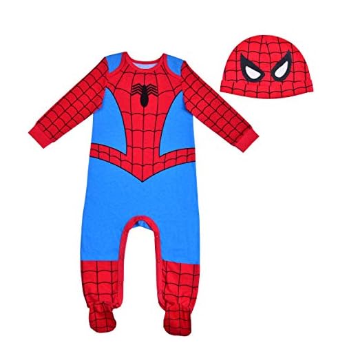Marvel Spiderman Boys’ Long Sleeve Romper and Hat Set for Newborn and Infant – Blue/Red