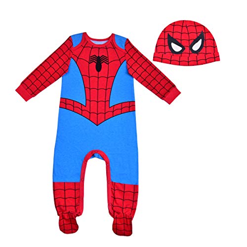 Marvel Spider-Man Boys Long Sleeve Footie Romper and Hat Set for Newborns and Infants