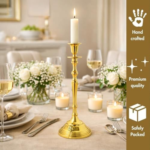 Image of Aluminum Royal Candle Holders for Tapered Candles, (Pack of 2, Golden), Candlestick Holder, Best Gift for Christmas Decor, Dining Table Decor