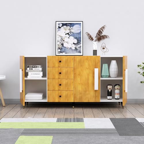 Image of Bniture Storage Cabinet Wooden for Living Room Sideboard with 4 Drawer and 3 Door | Storage Organizer Chest of Drawer Cabinet for Home Hallway Drawing Room Bedroom Kitchen | Frosty White & Giant Wood