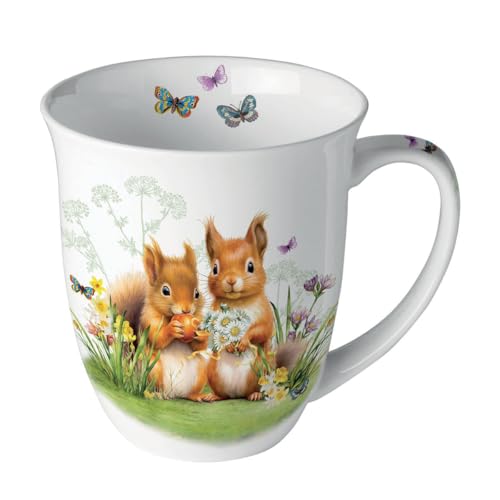 Ambiente Kaffeetasse Tee Becher Mug 0,4l Eichhörnchen Wiese Blumen Fine Bone China Porzellan Frühling Sommer Ostern serie little squirrels