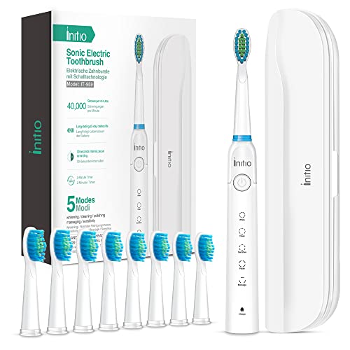 Sonic Elektrische Zahnbürste Schallzahnbürste, Initio Schallzahnbürste 5 Putzprogramm mit Reiseetui enthalten, 8 Aufsteckbürsten Wiederaufladbar IPX7 Wasserdicht, 2 Minuten Smart Timer(Weiß) Cover