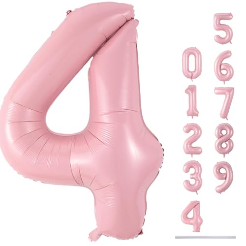 40 Inch Pastel Pink Foil Balloon Number 4, Large Self Inflating Light Pink Number Balloons 0-9 Pearl Pink Helium Number Balloons Set for Girls 4th Birthday Women Anniversary Party Decoration Supplies