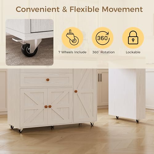 Image of IRONCK Rolling Kitchen Island with 360 Swivel Table and Storage, White | Engineered wood kitchen cart with 2 drawers, adjustable cabinet shelves, 3-tier Spice rack and 7 swivel casters for kitchen