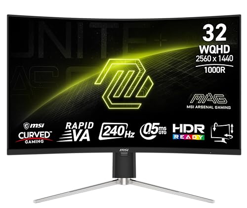 msi MAG 325CQRXF E2 31.5-inch 2560 x 1440 (WQHD) Computer Monitor, 240Hz, Adaptive-Sync, HDMI, Display Port, VGA Port, VESA Mountable, Tilt, Height Adjustable, Speaker, 0.5ms, Black, Panel Type VA