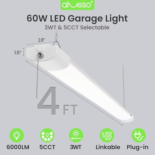 Image of ALUSSO LED Shop Lights 4FT for Garage, 6000LM Super Bright, Adjustable 2700K-6500K Color Temperature, 120V, Warm to Cool Daylight Linkable Shop Lights for Workshop, 4 Pack