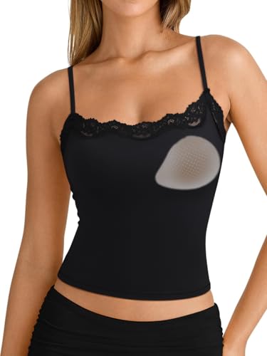 SUUKSESS Women Double Lined Lace Cami Tank Top Summer Padded Square Neck Going Out Tops Sleeveless Basic Shirts (Black Small)