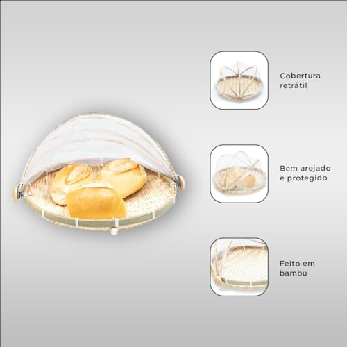 Cesto Porta Pão Bolo Redondo Bambu Cobertura Retrátil Artesanal 30 x 30 x 18cm Protetor Alimento