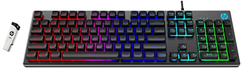 Image of HP K500F Backlit Membrane Wired Gaming Keyboard with Mixed Color Lighting, Metal Panel with Logo Lighting, 26 Anti-Ghosting Keys, and Windows Lock Key / 3 Years Warranty & v236w USB 2.0 64GB Pen Drive