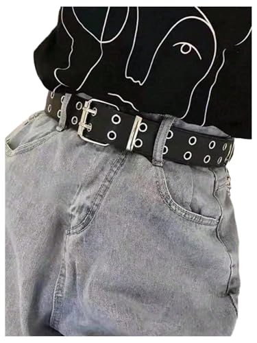 Men's Punk Double Grommet Belts Y2K Rock PU Leather Medium Waist Belts for Jeans Pants