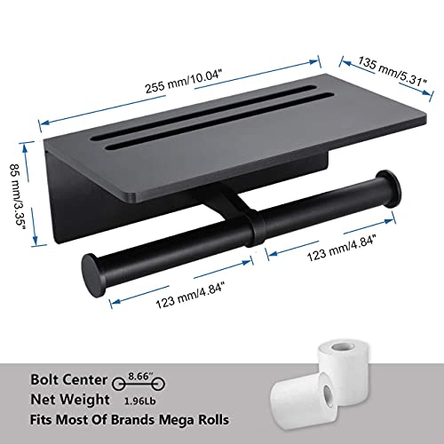 Smarthome Toilet Paper Holder - Aluminium Double Roll Toilet Tissue Holder With Mobile Phone Shelf For Bathroom, 3M Self Adhesive No Drilling Or Wall-Mounted With Screws, Rustproof Modern Style Black #TOP5