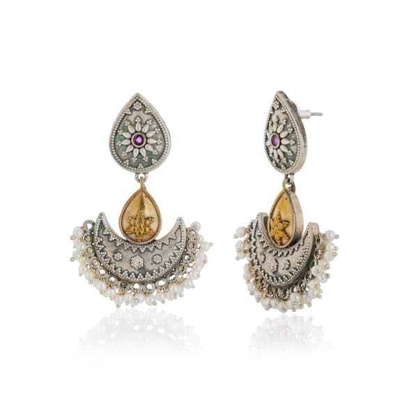 18K Silver Oxidised Traditional Stone Studded Chandbali Earrings for Women