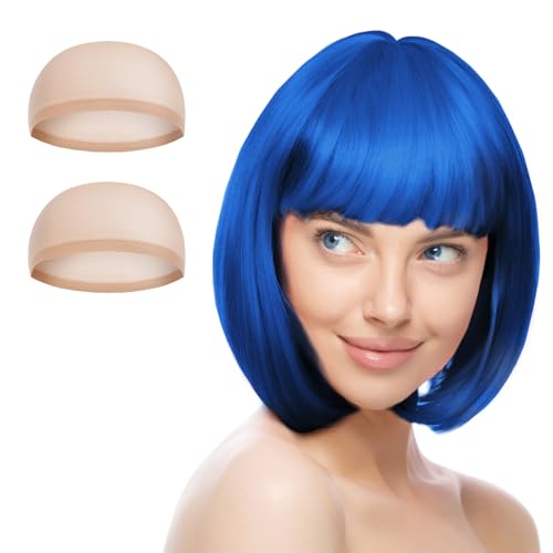 AUYAO Peruca azul rei brilhantes, reta curta peruca de anime cosplay com rede de cabelo, perucas curto bob com franja, perucas de cor néon para o Halloween carnaval de mulher e meninas