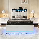 BursDany Doppelbett, gepolstert, 90 x 200 cm, mit LED, USB, Lattenrost und Kopfteil, mit Stauraum, integrierter Bettkasten, langlebiger Rahmen für Erwachsene und Jugendliche, beige Samt (ohne Matratze