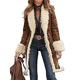 Movnebyro Womens Faux Suede Leather Jacket Winter Sherpa Lined Coat 70s Vintage Western Jacket Oversized Notch Lapel Overcoat
