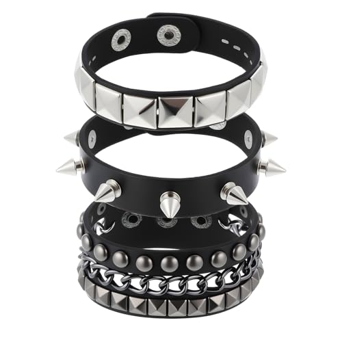3 Piece Punk Rock Studded Bracelets Black Spiked Leather Cuff Bracelet for Men Women Adjustable Goth Bracelets 80s Retro Style Wristband Halloween Party Accessories
