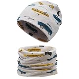 Enwokran Kinder-Mützenset und Loop-Schal Set, Herbst-Wintermütze und Schal-Set, Doppellagige Kontrastfarbene Flormütze für Herbst, Winter, Frühling Mädchen Jungen 3-8 Jahren (Auto-Beige)