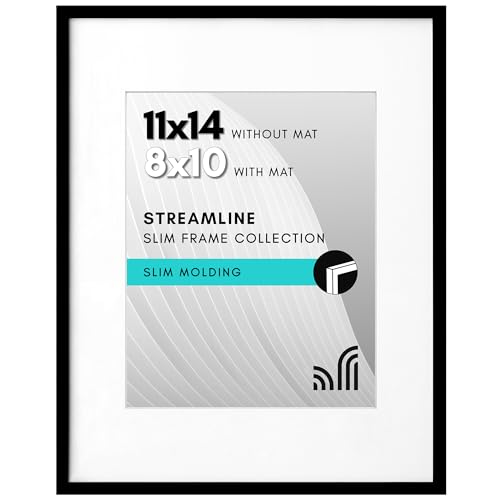 Americanflat 11x14 Picture Frame with Shatter Resistant Glass   Use as 8x10 Frame with Mat or Display 11x14 Photo Without Mat   Streamline Collection   Thin Border Picture Frames for Wall   Black