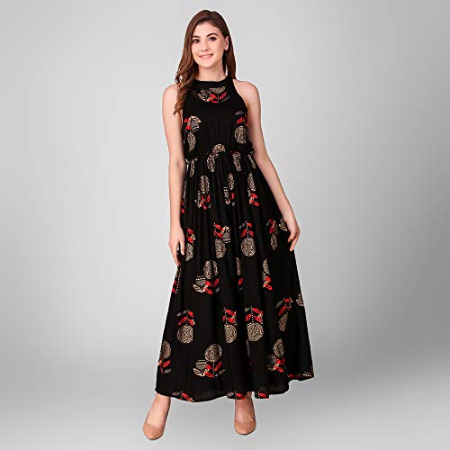 Image of Daevish Women's Rayon Fit and Flare Maxi Dress | Maxi Dress for Women Black