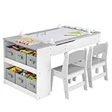 Maxmass 2-in-1 Kids Art Table and Chair Set, Children Lift-top Wooden Craft Table with 2-Tier Open Shelf, Replaceable Paper Roll and 6 Storage Boxes, Toddler Play Table for Drawing, Learning (Gray)