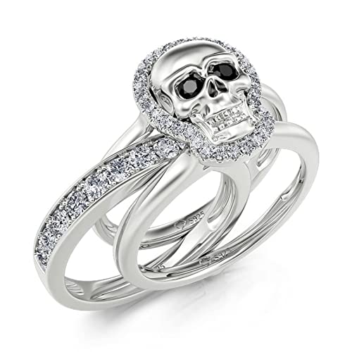 Jeulia Skull Engagement Ring Sets Sterling Silver Interchangeable Promise Eternity Band Rings Diamond with Cubic Zirconia Wedding Engagement Anniversary Promise Bridal Jewelry with Gift Box