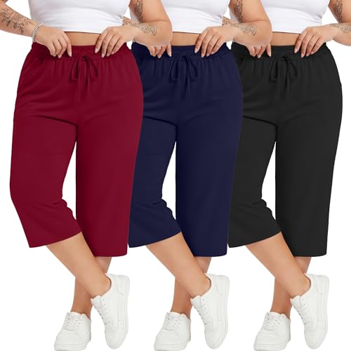 Neer 3 Pack Women's Plus Size Cotton Capris, Stretchy Wide Leg Cropped Pants with Pockets Fit Loose Lounge Pajama Sweatpants