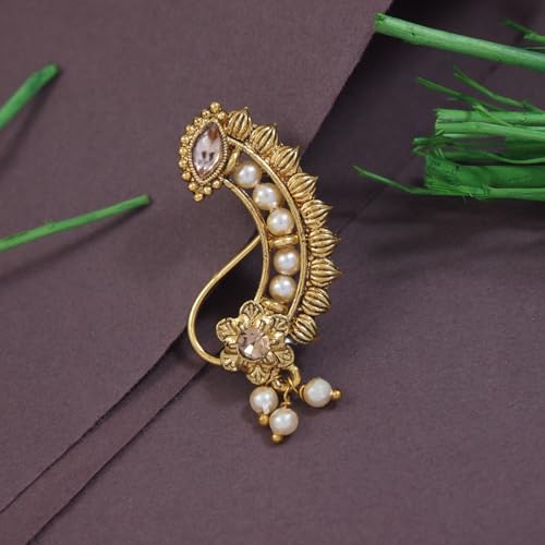 Image of I Jewels Gold Plated Traditional Non Piercing Maharashtrian Pearl Nath For Women