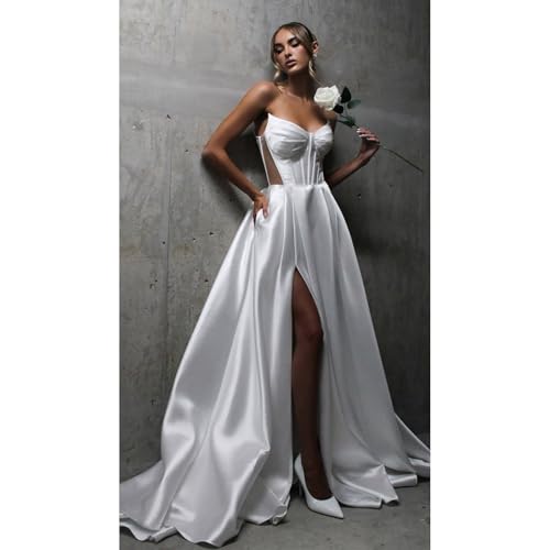 Strapless Satin Prom Dresses with Slit Long A Line Formal Evening Party Gowns with Pockets2