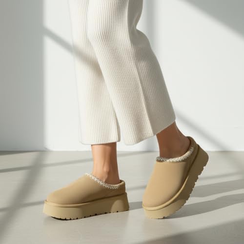 Image of CUSHIONAIRE Kabuki Platform Boots Genuine Suede Fuzzy Mule Slippers for Women with Memory Foam | Indoor /Outdoor Womens Slippers | Wide Widths Available
