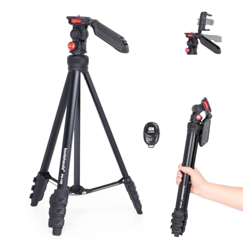 Koolehaoda Phone Tripod, 55"/140cm Aluminum Lightweight Portable Camera Tripod for Iphone/Smartphone/Action Camera/DSLR Camera, with Phone Holder & Wireless Bluetooth Control Remote