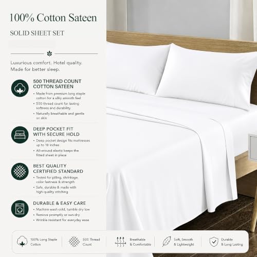Image of Feather & Stitch 500 TC Split King Size Sheet Set, 5 piece Bed Sheets Set-2 Twin Fitted Sheet, 1 King Flat Sheet & 2 King Pillowcases, 18 inch Deep Pockets Sateen Weave Solid Bedsheet - (Solid White)