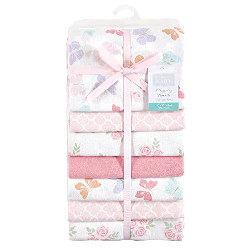 Image of Little Treasure Hudson Baby Cotton Poly Flannel Receiving Blankets Multipack, Pink Pastel Butterfly, 30x30 inches