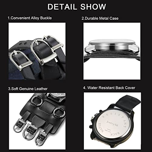 JewelryWe Black Brown Hip Hop Gothic Punk Style Men's Watch Wide Leather Fashion Cuff Watch for Halloween, Black-Silver, Punk Cuff Watch