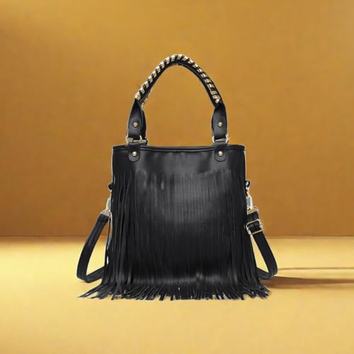 Image of IAMUHI Casual Rivets Fringed Shoulder Handbag for Women,Soft Vegan Leather Hippie Crossbody Purse Bag Hobo Bag