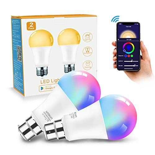 WiFi Smart Bulb B22 10W (Equivalent to 85W), Unisun Dimmable RGBW Multicolor Light Bulb Compatible with Alexa, Google Home, Warm White 2700K, 850LM, No Hub Required (2 Pack) [Energy Class A++]