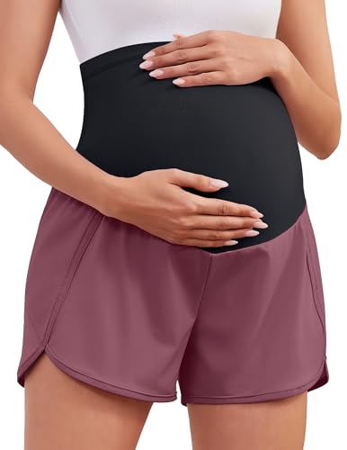 Image of PACBREEZE Women's Maternity Shorts Over Belly Quick Dry Workout Athletic Running Shorts with Zipper Pockets