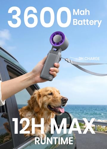 Image of Portable Handheld Turbo Fan, 1-199 Speed Adjustable with LED Display, High-Power Motor, Rechargeable Battery, 4 IN 1 Pocket Design Mini Fans for Indoor /Outdoor /Travel /Work, Grey Purple