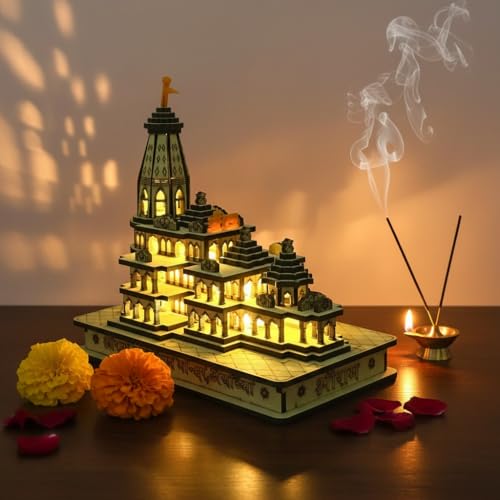 Image of eXme Ram Mandir Ayodhya Model 3D Replica Handcrafted Wooden Traditional - Intricate MDF Craftsmanship, Authentic Design with Multicolour Light, Size (6x4) inch