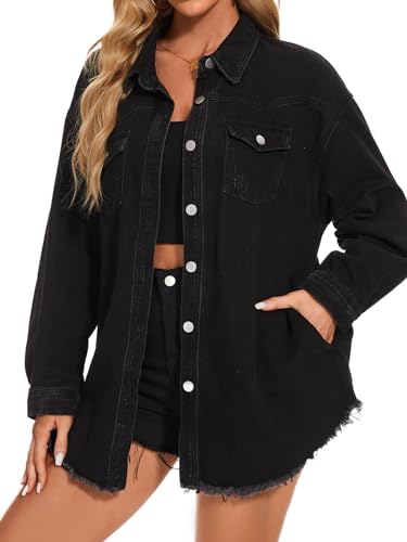 Women Oversized Button Up Denim Long Boyfriend Distresse Jean Jacket Frayed Hem Shacket2
