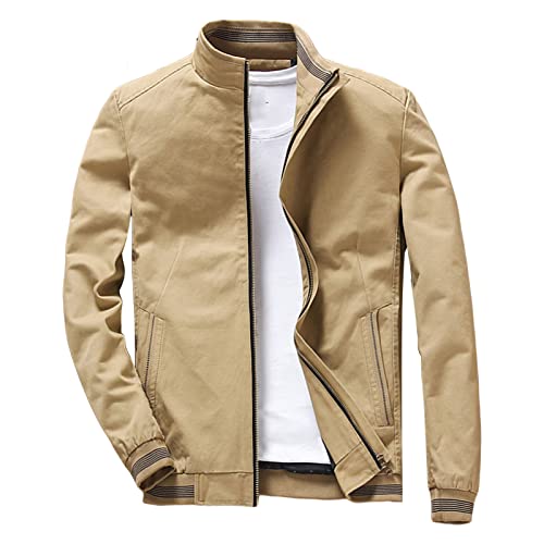 Maiyifu-GJ Men's Casual Washed Cotton Jacket Military Stand Collar Outdoor Windbreaker Lightweight Slim Fit Army Coat (Dark Khaki,4X-Large)