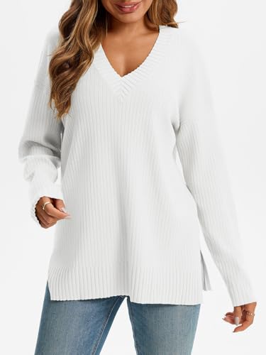 Saodimallsu Womens V Neck Sweater 2025 Fall Oversized Ribbed Knit Trendy Slit Casual Loose Fit Long Sleeve Pullover Top3