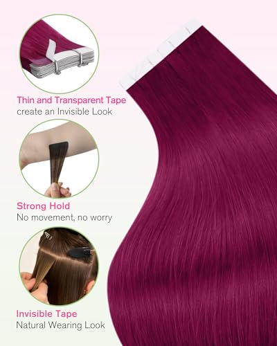 Image of YoungSee Tape in Extensions Colored, Tape in Hair Extensions Human Hair Magenta, Invisible Tape Hair Extension, 18 inch 10pcs 25g, for Prom
