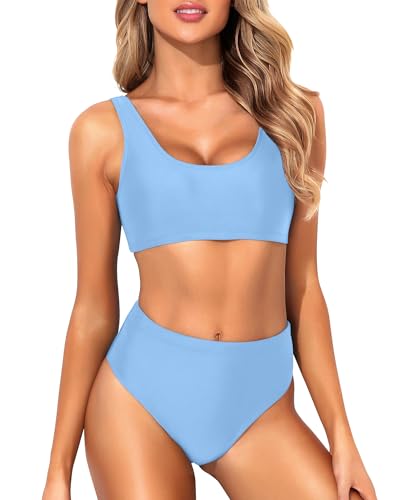 Image of Tempt Me Women Two Piece Scoop Neck Bikini Crop Top High Cut Swimsuit Sporty High Waisted Bathing Suit with Bottoms