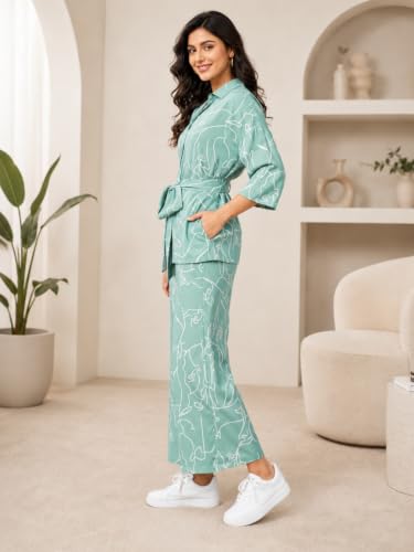 Image of Leriya Fashion Women's Rayon Co Ord Set For Women Stylish Abstract Printed | Regular Fit Shirt Top & Wide Leg Pants | Stylish Casual, Party & Vacation Wear Two Piece Outfit