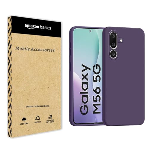 Image of amazon basics Back Cover for Samsung Galaxy M56 5G / Galaxy F56 5G | Ultra Slim Soft Rubberised Case | Matte Silicone Flexible Mobile Case | Camera Protection - Purple