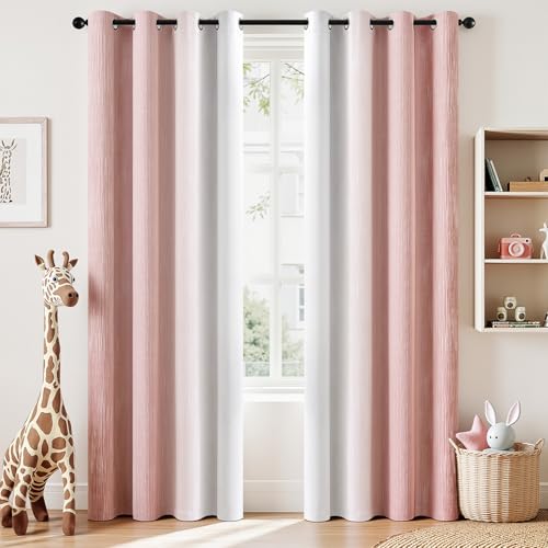 MIULEE Ombre 100% Blackout Curtains, Pink and Greyish White Full Room Darkening Thermal Insulated 84 Inches Long Drapes for Kids Bedroom/Living Room Grommet Window Treatments Modern 52Wx84L, Set of 2