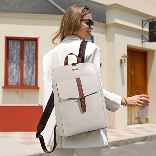 Image of CLUCI Leather Laptop Backpack for Women 15.6 inch Computer Backpack Stylish Travel Backpack Purse for Women Work Daypack Bag Off-white with brown