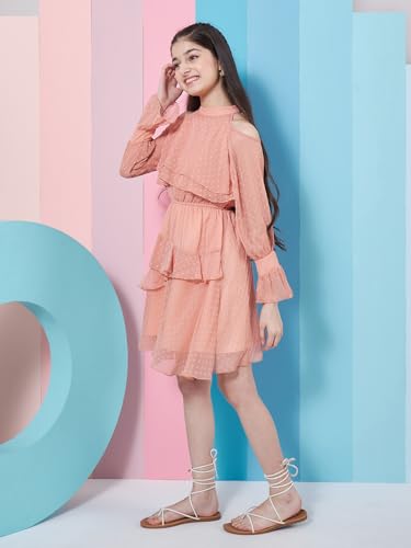 Image of Pspeaches Girl's Self Design Halter Neck Bell Sleeves Layered Ruffled A-Line Dress Orange Color Stylish & Trandy