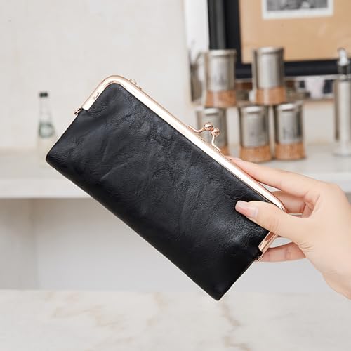 Image of Vintage Wallets for Women Large Bifold Kiss Lock Wallet for Women Leather Zip Clutch Coin Purse