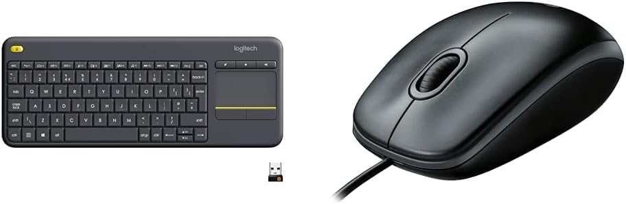 Logitech K400 Plus Wireless Touch TV Keyboard With Easy Media Control and Built-in Touchpad & B100 Wired USB Mouse, 3-Buttons, Optical Tracking, Ambidextrous PC/Mac/Laptop - Black